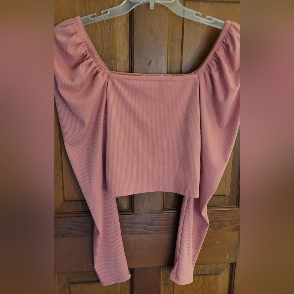 Francesca's Women’s crop top with long puffer sleeves, dark pink / mauve  Size L